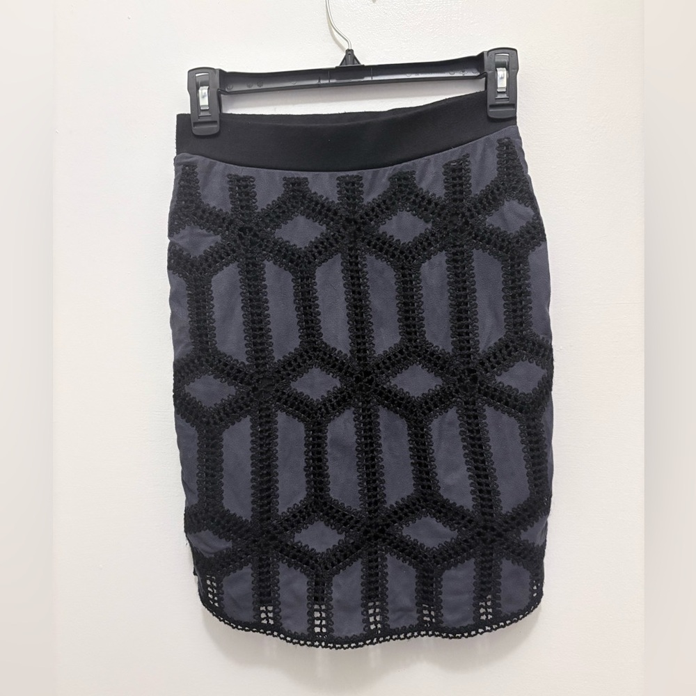 Embellished Black & Charcoal Geometric Stretch Pencil Skirt